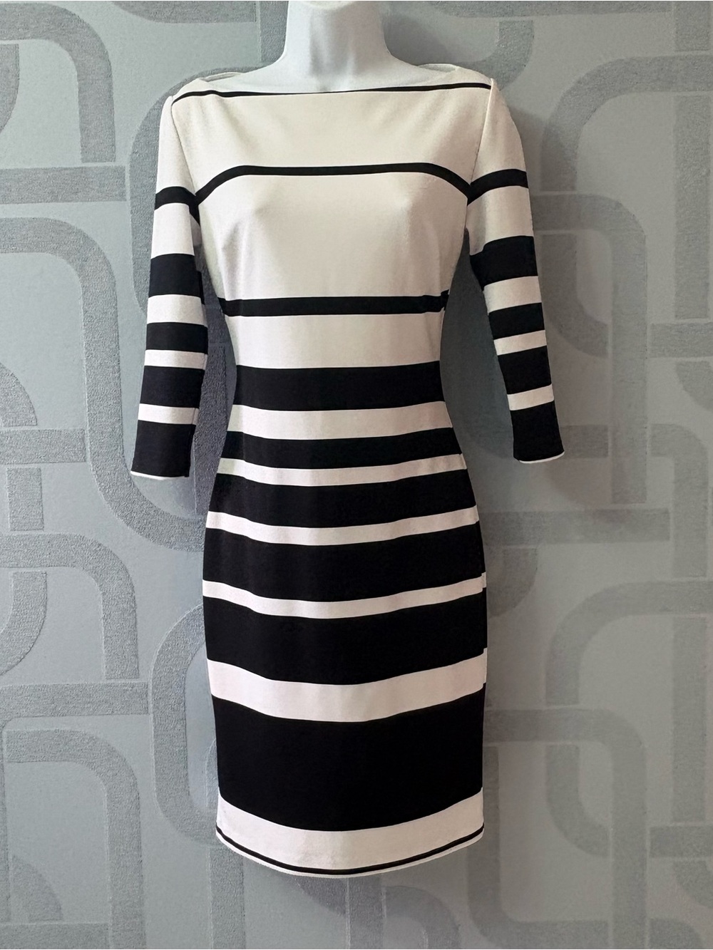 le chateau Black and White Striped Midi Boatneck Dress